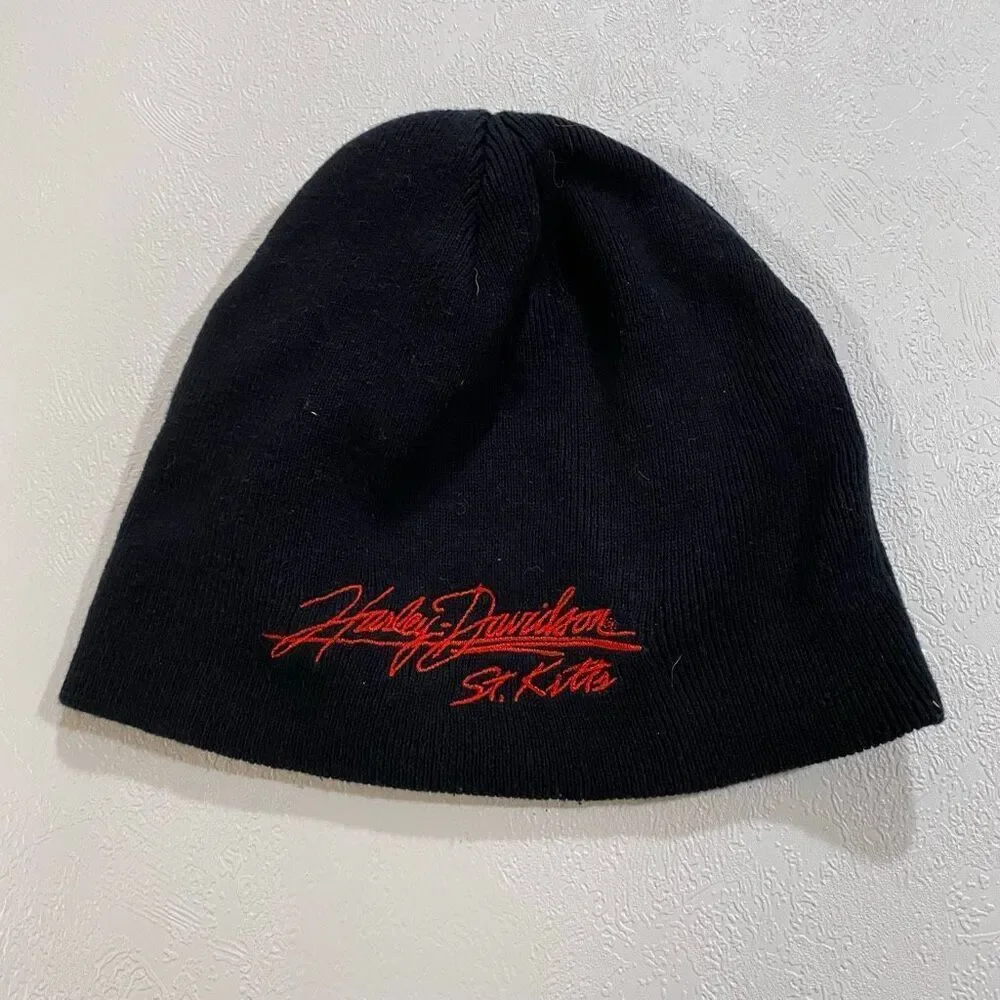 Harley Davidson St Kitts Skull Beanie Hat Black Y2K Biker OS